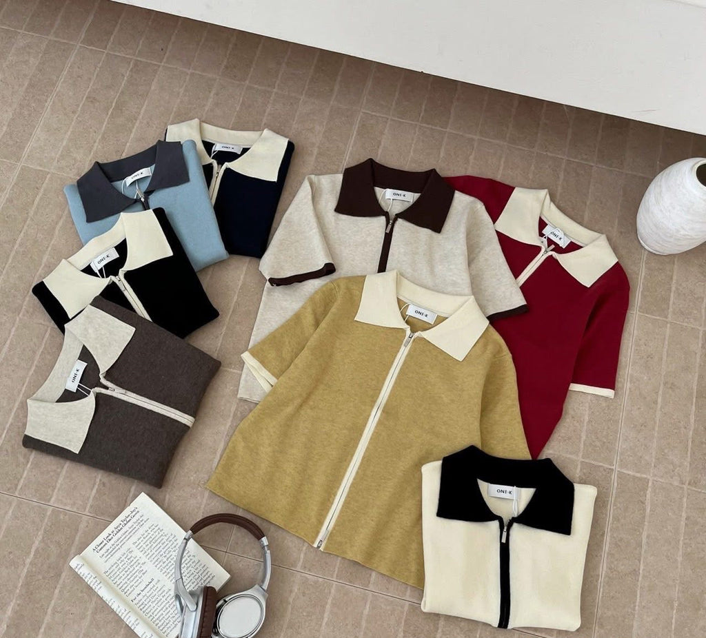 Two-Tone Knit Zip Top