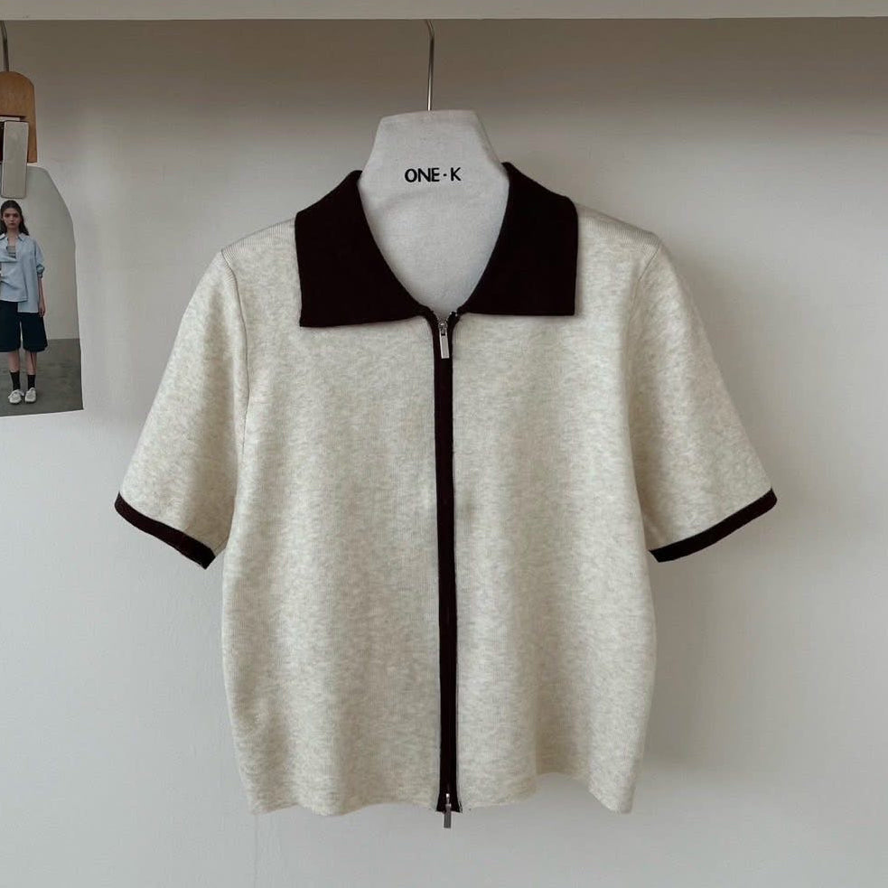 Two-Tone Knit Zip Top